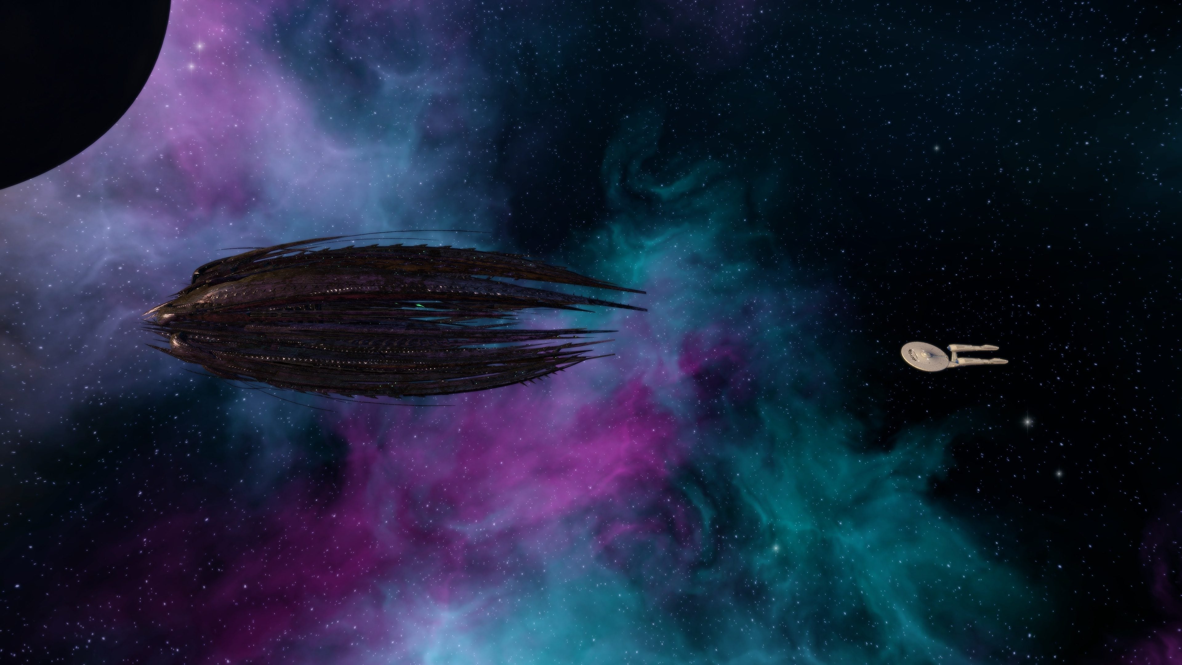Star Trek Online Narada mining vessel with plasma drill beam piercing through space