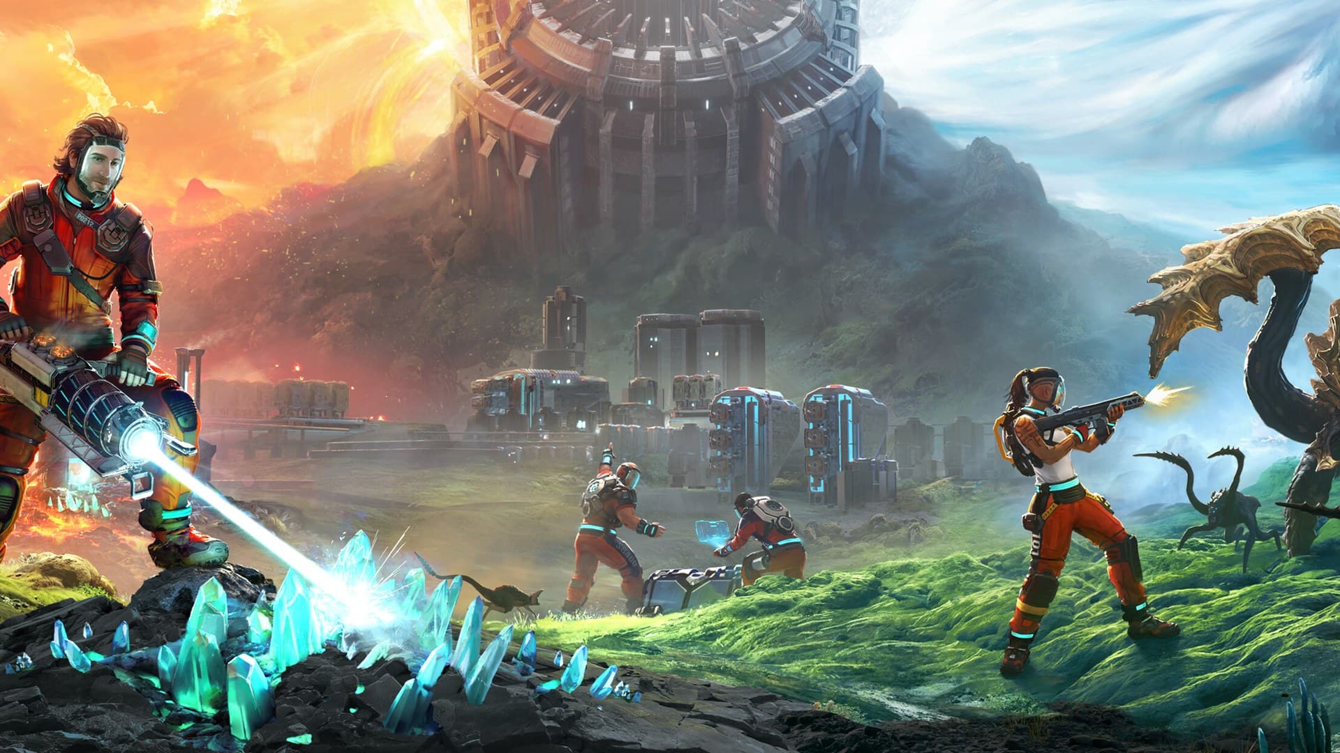 StarRupture key art showing base building and survival combat in alien environment