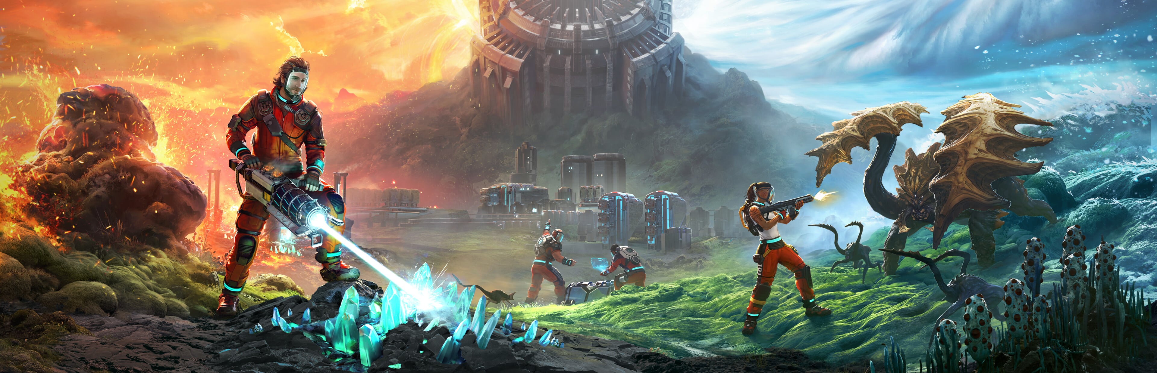 StarRupture key art showing base building and survival combat in alien environment