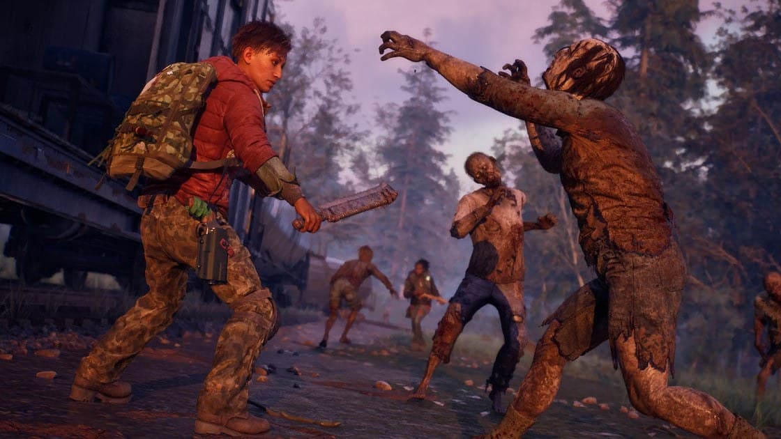 State of Decay 3 gameplay screenshot showing zombie combat in a ruined settlement