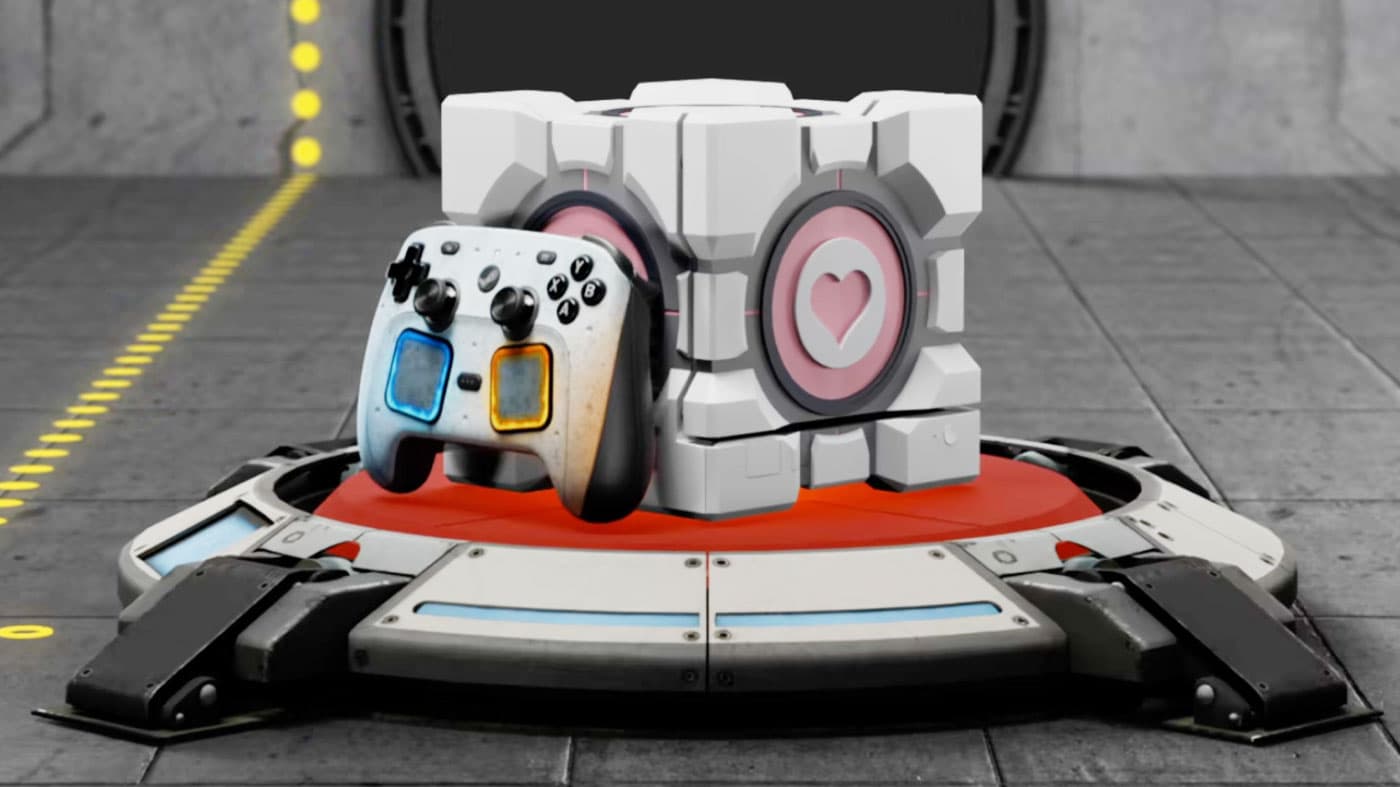 Dbrand Companion Cube case surrounding Valve Steam Machine with Portal pink and gray design