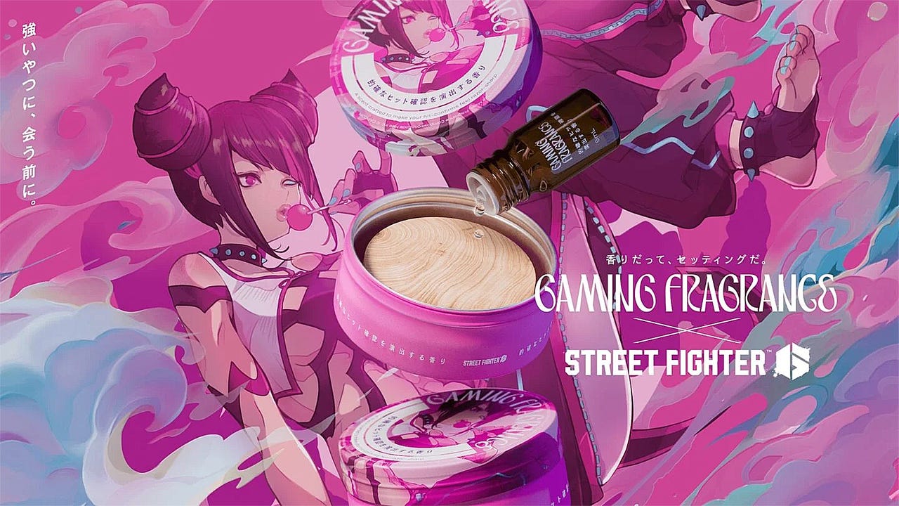 Street Fighter 6 Gaming Fragrance collaboration artwork featuring Juri, Ed, and Ingrid