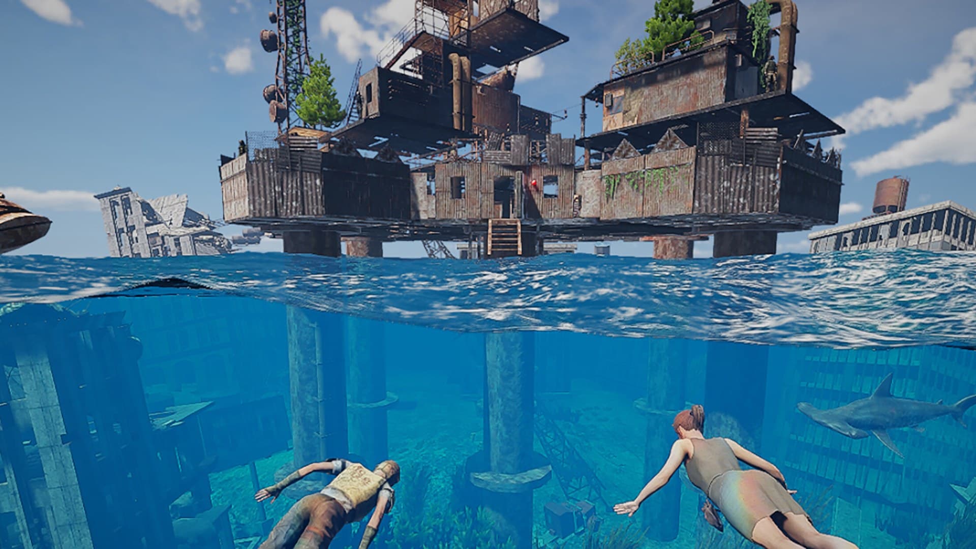 Sunkenland underwater base with floating shelter and island structures visible