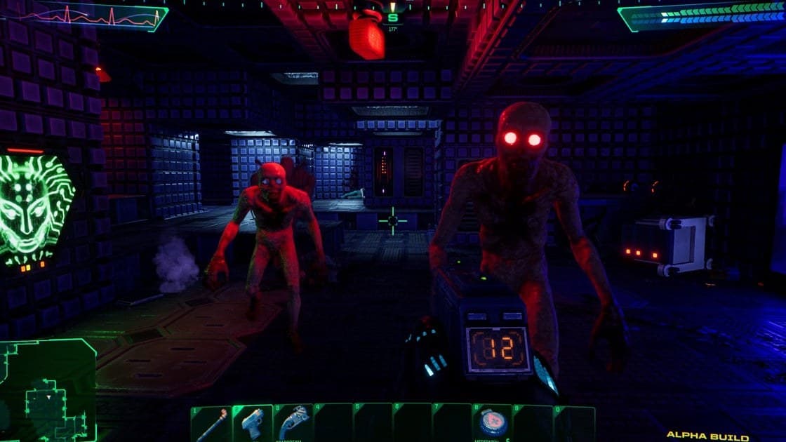 System Shock remake Citadel Station corridor with neon lighting and cyberpunk atmosphere