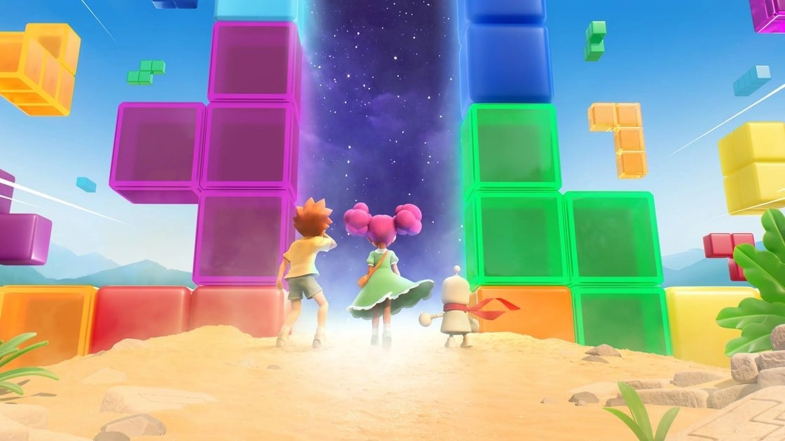 Tetris blocks falling against a colorful backdrop representing the classic puzzle game