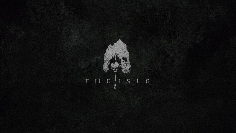 The Isle game logo with Austroraptor dinosaur in water environment.