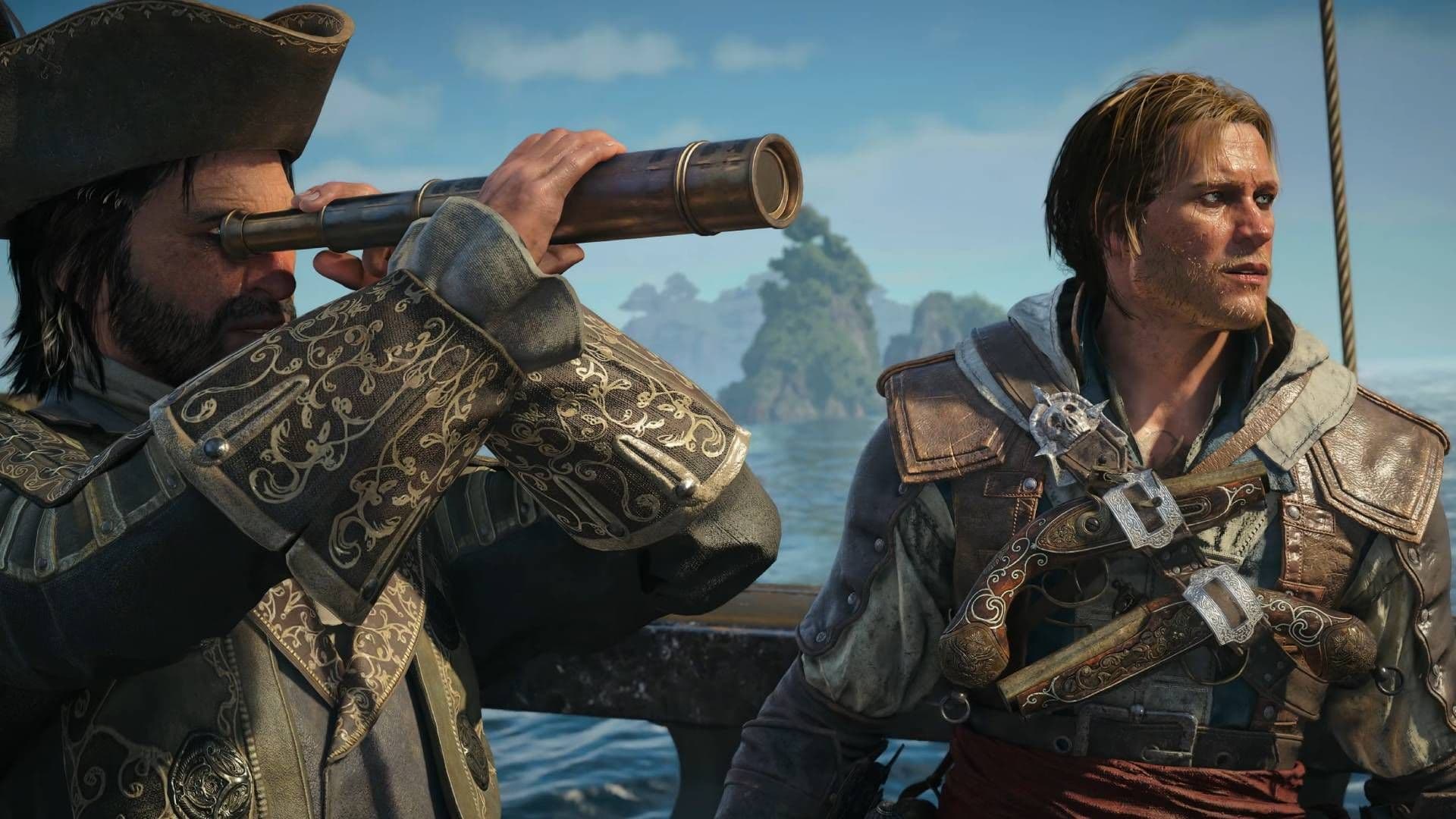 Edward Kenway from Assassin's Creed Black Flag Resynced standing on a pirate ship