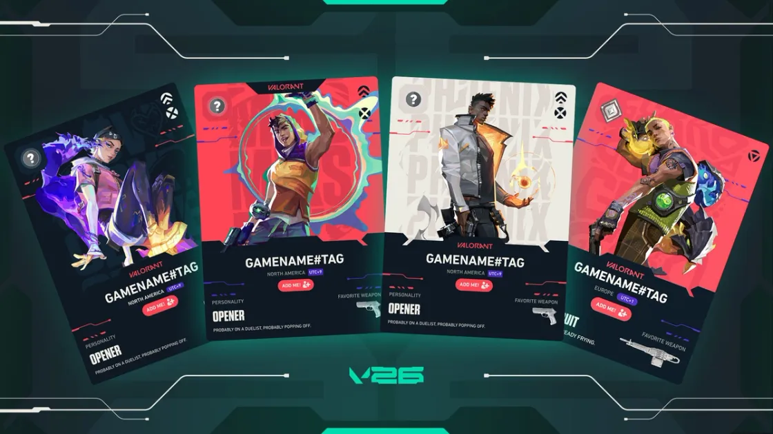 Valorant agents lineup with My VALORANT Card interface overlay