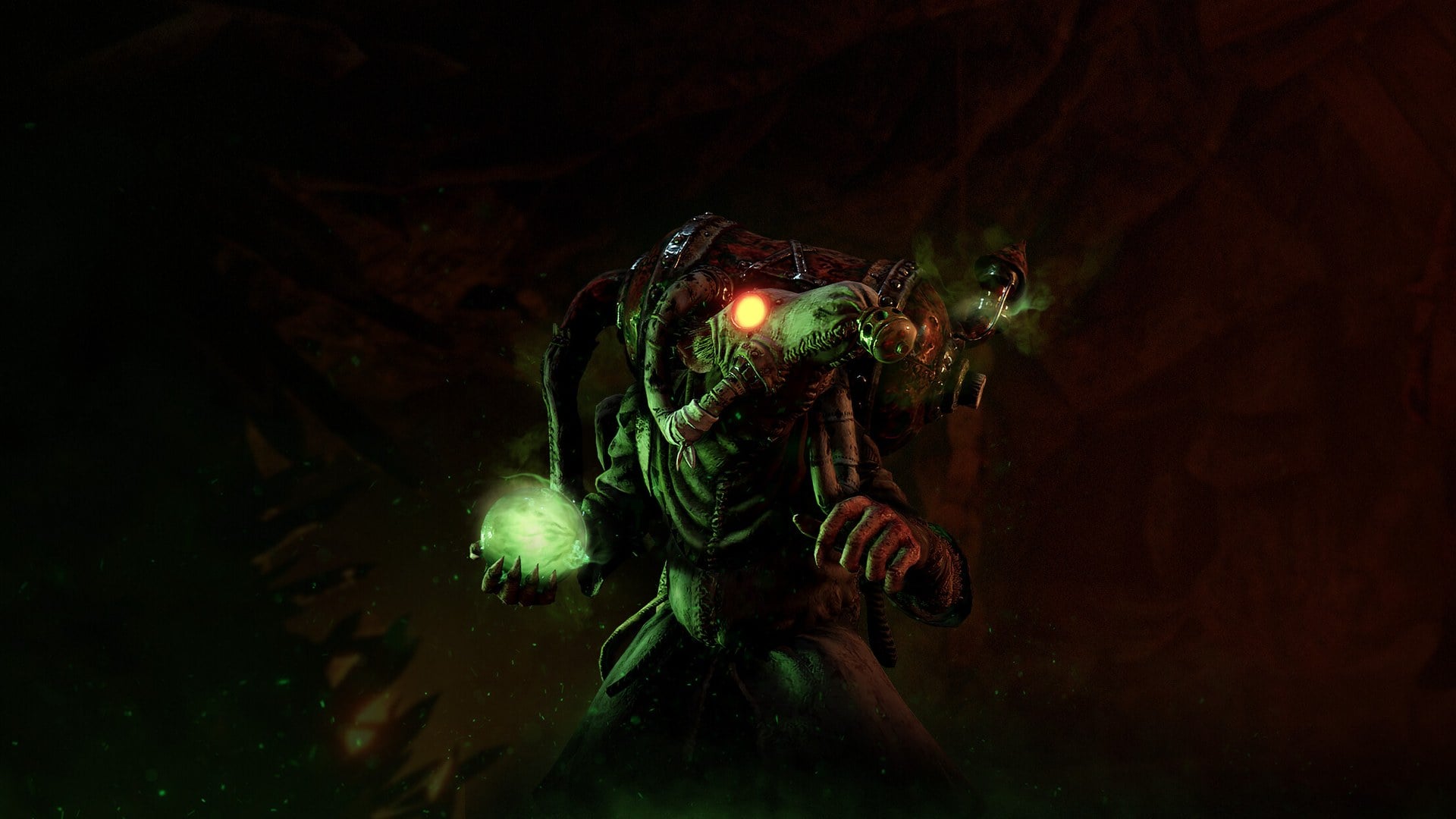 Warhammer Vermintide 2 Huntsman character aiming longbow in dark dungeon
