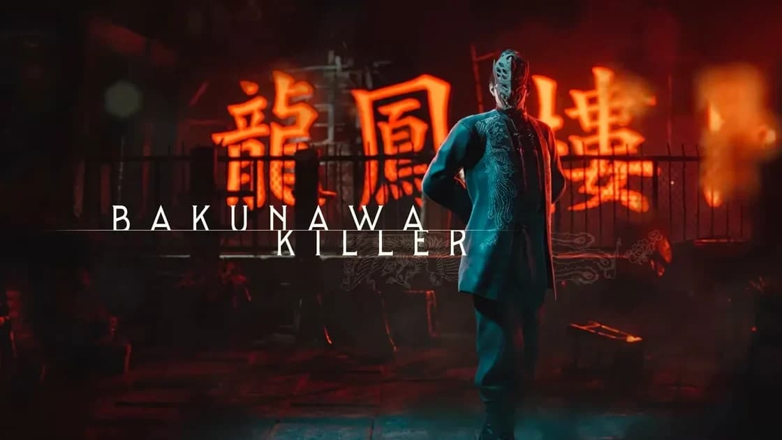 The masked Bakunawa Killer fighter from Virtua Fighter Crossroads in a rain-soaked rooftop stage