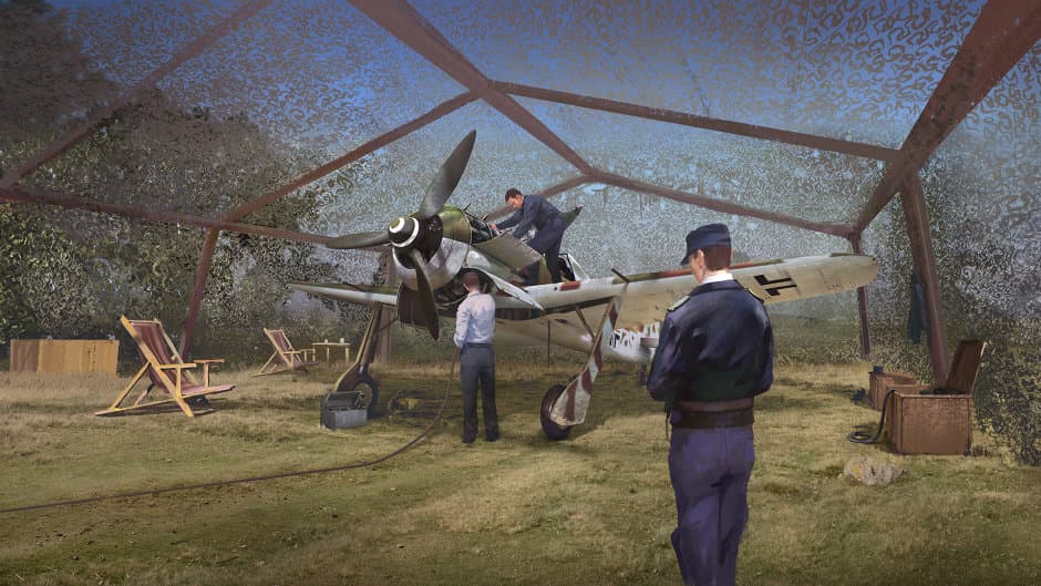 War Thunder military aircraft in flight over a battlefield landscape