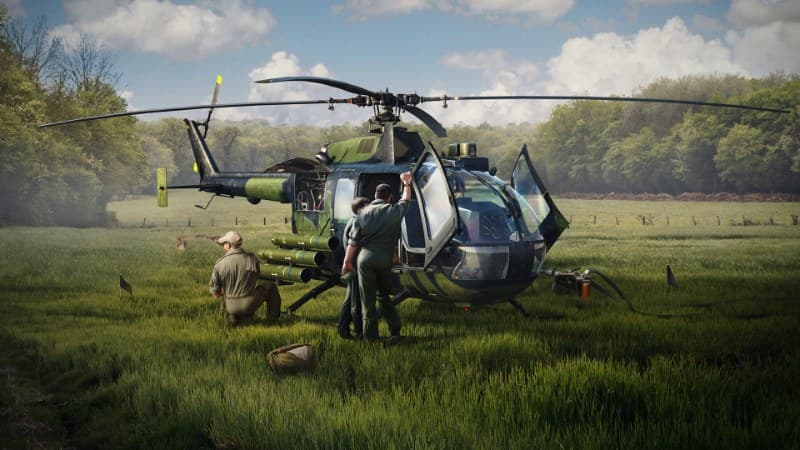 War Thunder helicopter and ground vehicle combat scene with missile effects