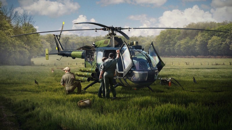 War Thunder helicopter and ground vehicle combat scene with missile effects