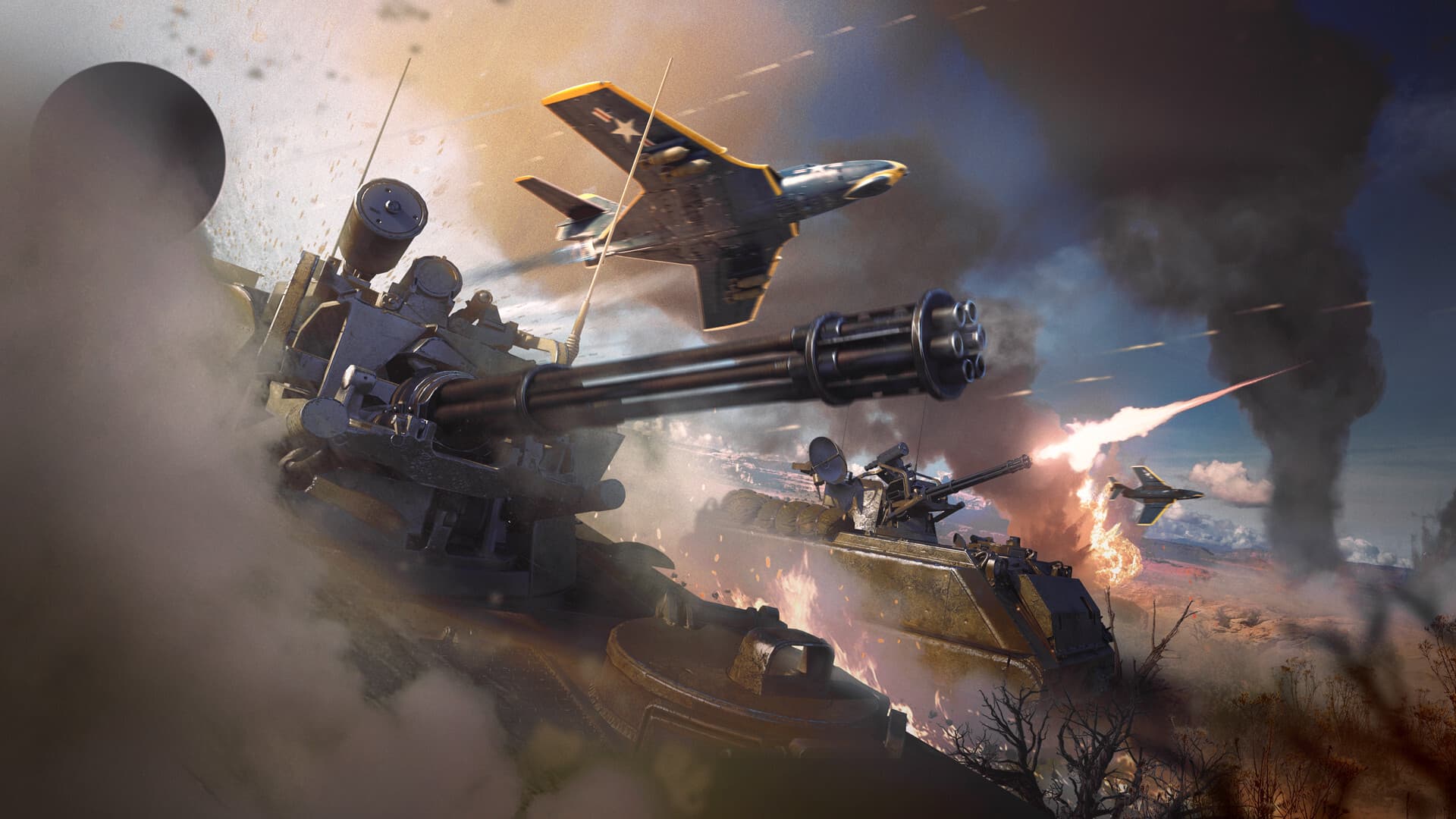 War Thunder jet aircraft in flight above a ground battle map with explosions.