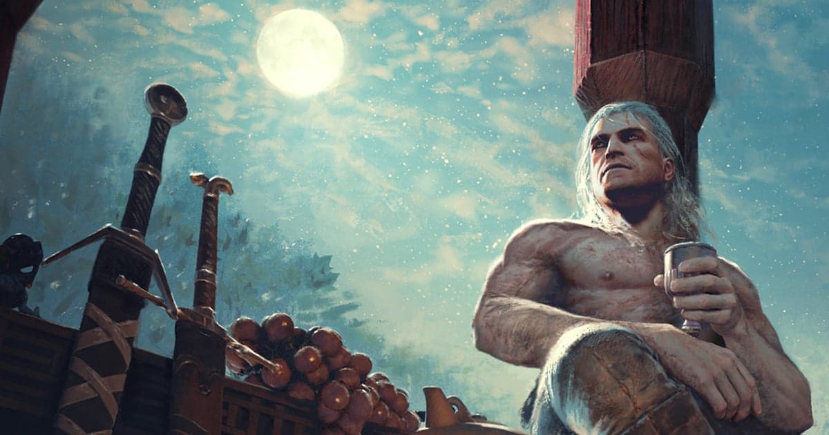 Geralt holding the Melltith sword in The Witcher 3 Songs of the Past key art