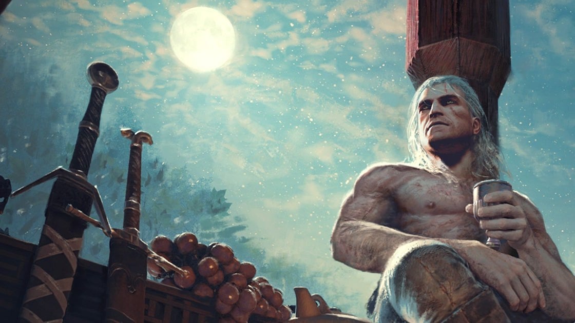 Geralt holding the Melltith sword in The Witcher 3 Songs of the Past key art