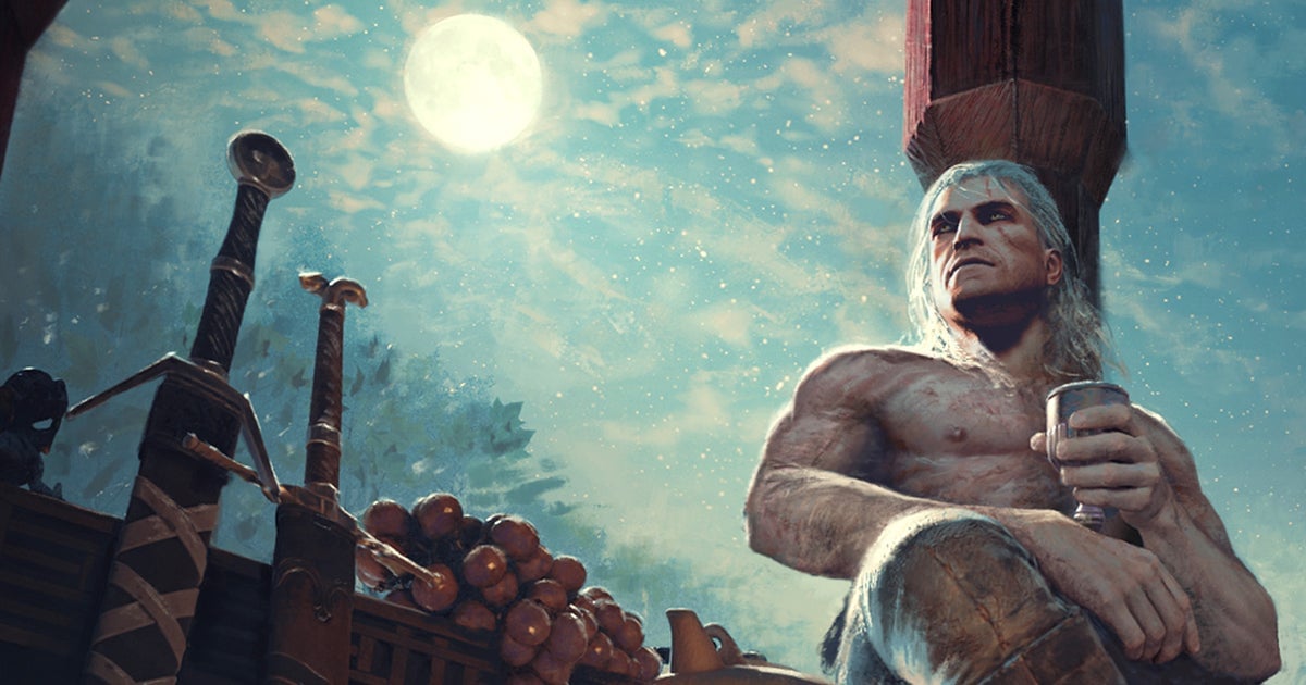 Geralt holding the Melltith sword in The Witcher 3 Songs of the Past key art