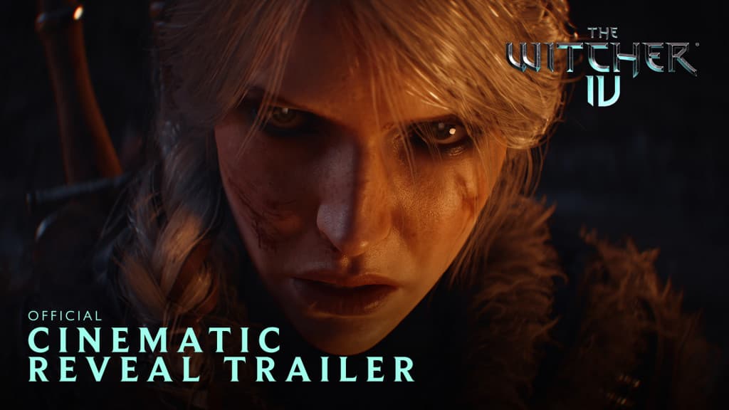 Reveal trailer title card for The Witcher IV, a tight warmly lit close-up of Ciri with a scar across one cheek against a dark background, with a THE WITCHER IV logo top-right and OFFICIAL CINEMATIC REVEAL TRAILER text bottom-left