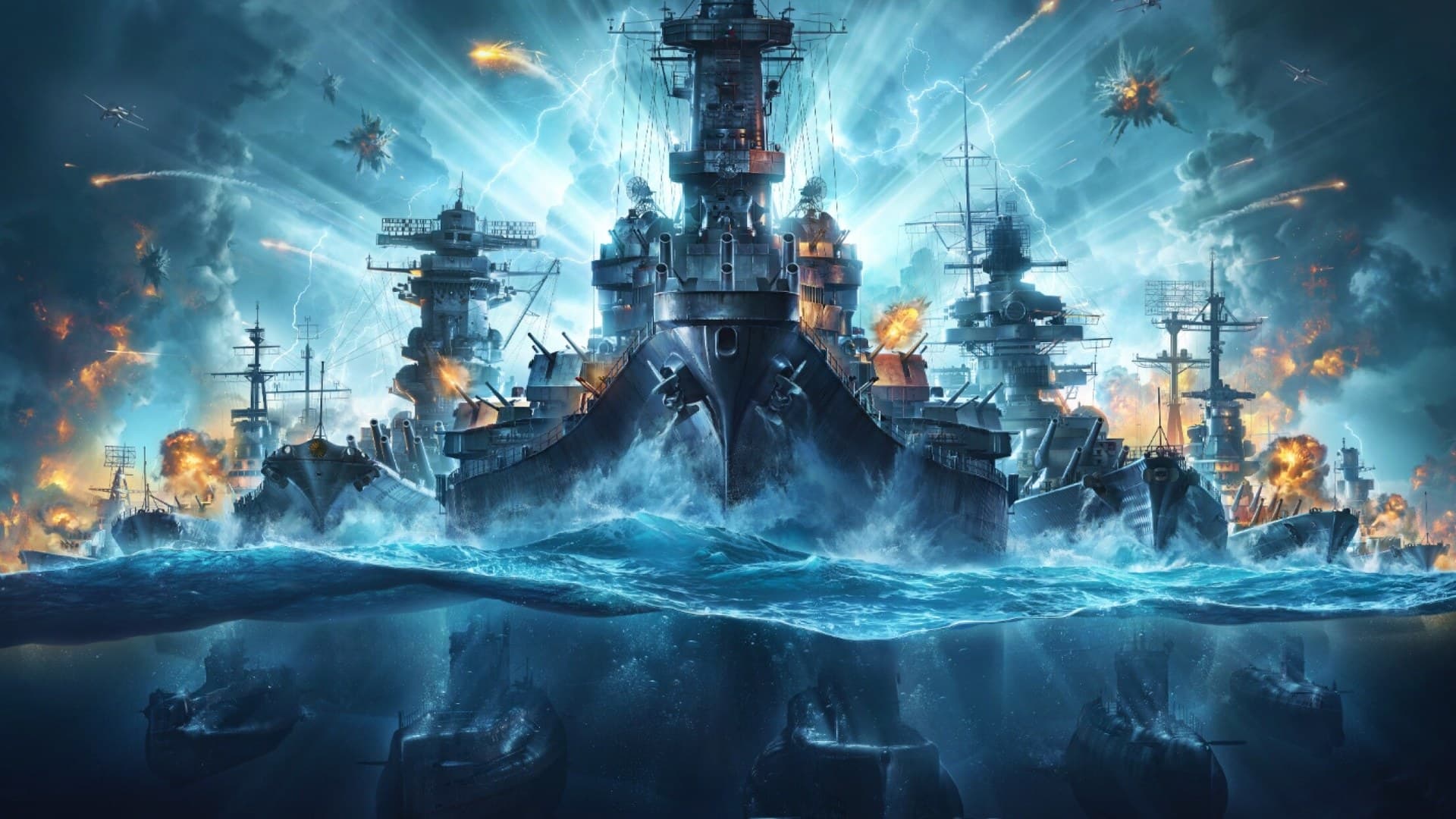 World of Warships aircraft carrier and destroyer ships in naval combat formation