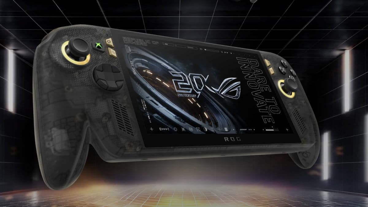 ROG Xbox Ally X20 handheld in black and gold with OLED display