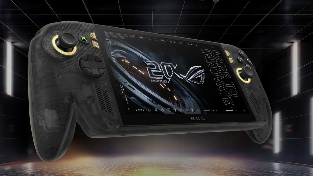 ROG Xbox Ally X20 handheld in black and gold with OLED display