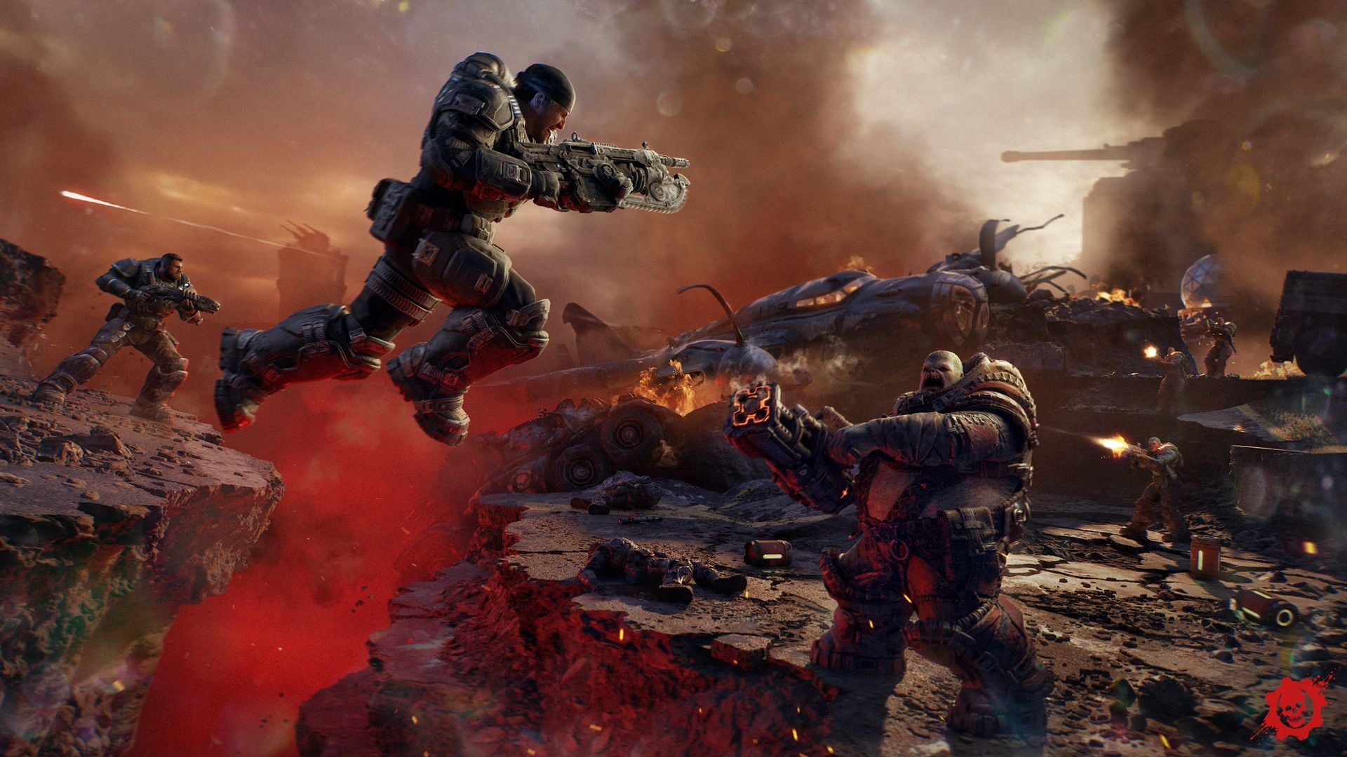 Gears of War E-Day key art showing Marcus Fenix in a dark battlefield