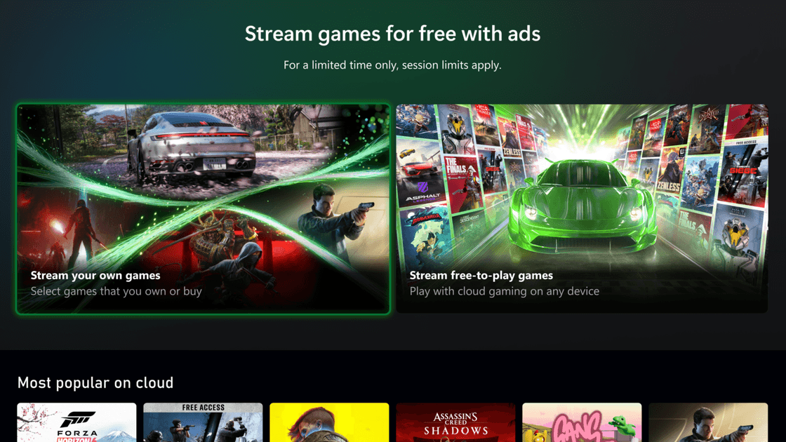 Xbox One and Xbox Series X controllers side by side with Xbox cloud streaming interface