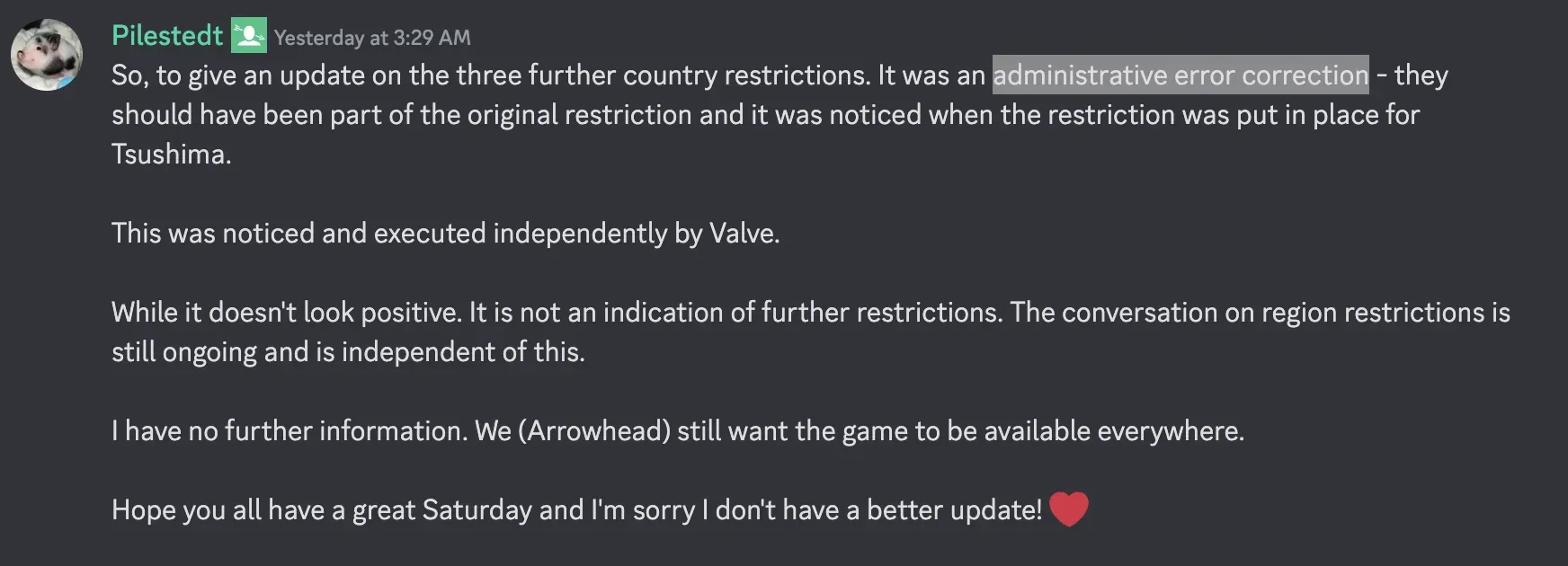Helldivers 2 update from Discord