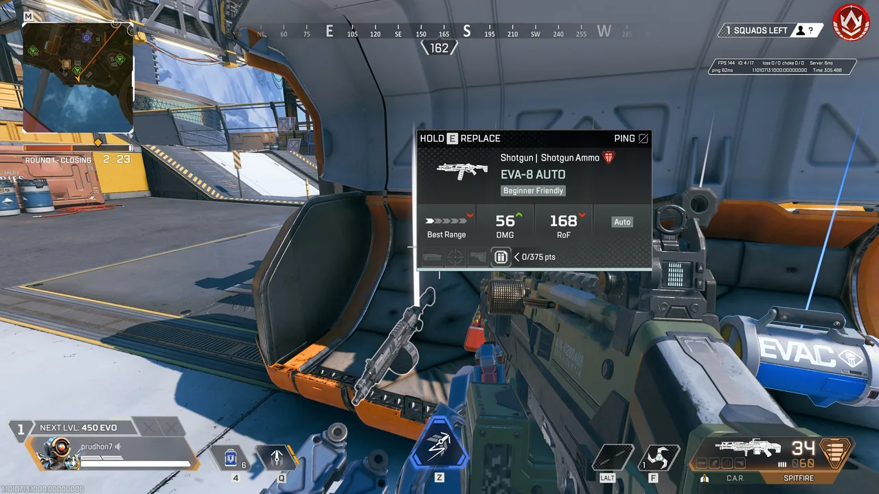 In-game screenshot of a stock EVA-8's stats compared to a Spitfire. It has higher damage at 56, but lower range and rate of fire.