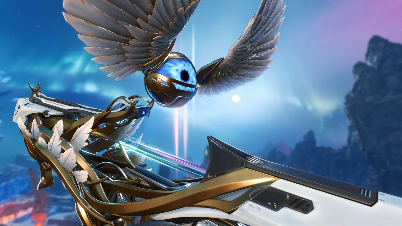 In-game screenshot of the mythic CAR skin, Mark of the Gods. It features a CAR that's white with feathers, and with gold flowing curvatures in the middle. There's also a winged orb rising from the middle of the guns skin.