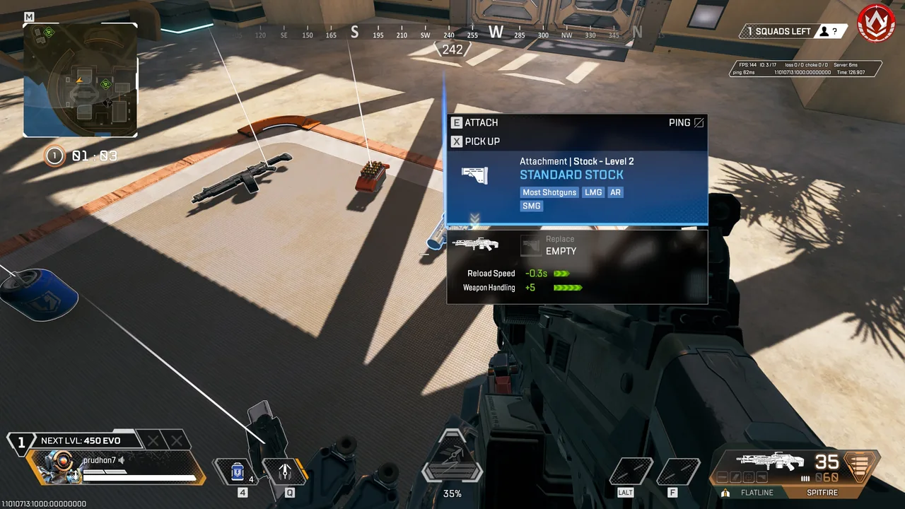 In-game screenshot showing a blue stock laying on the ground, and how it'll affect a stock Spitfire's stats. It decreases it's reload speed by 0.3s, and increases weapon handling by 5+.