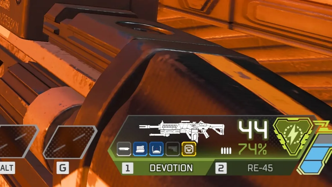 In-game screenshot of a Devotion after the energy weapon rework. They now use ammo similar to care package weapons with a stockpile. They can also regenerate a mags worth of ammo over 10 seconds.