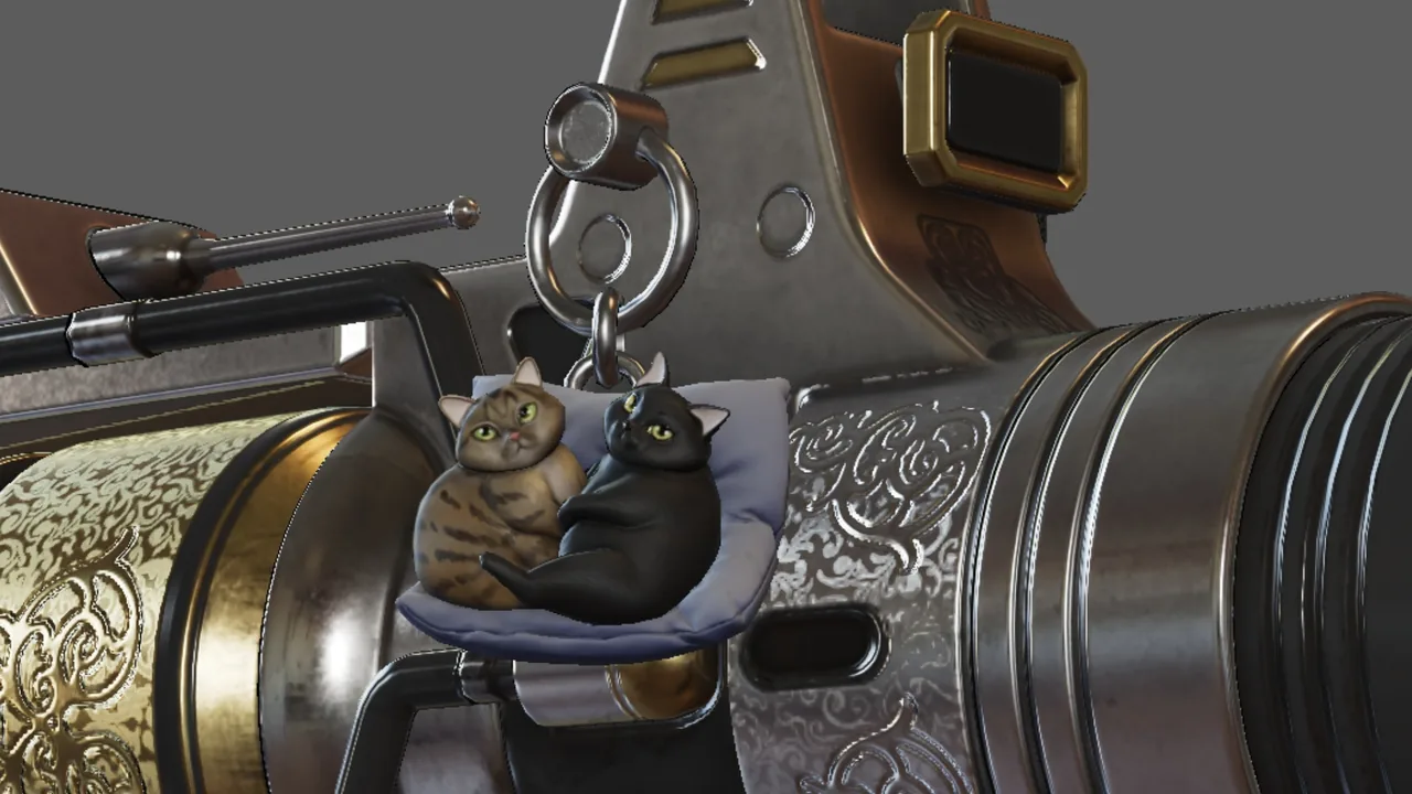 In-game screenshot of the new weapon charm. It stars 2 cats cuddled together on a pillow.