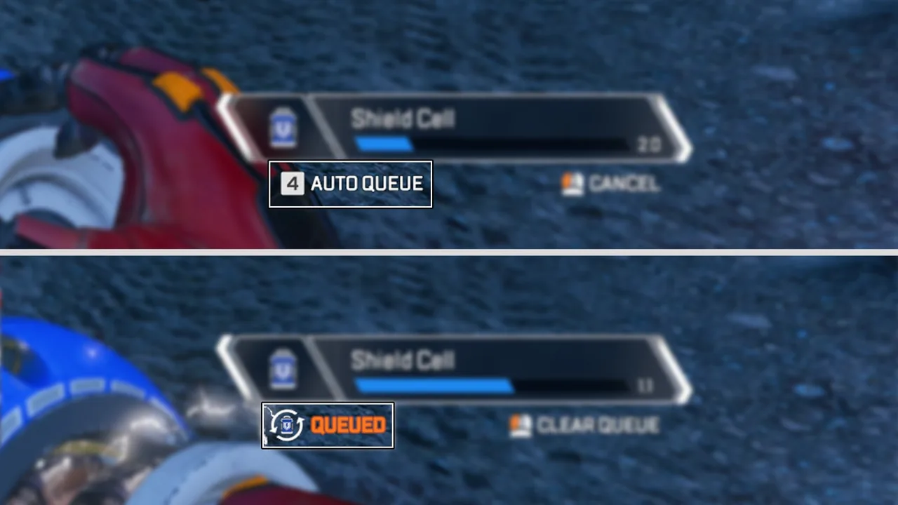 Screenshot of the new chain healing in Apex. It shows how the player can have a heal like a shield cell queued to be used automatically after the current one.