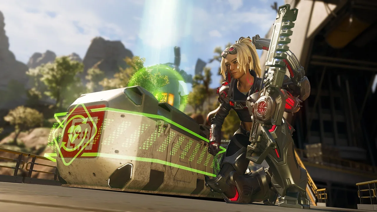 In-game screenshot of Conduit kneeling next to a deathbox that has a green revive overlay on it.
