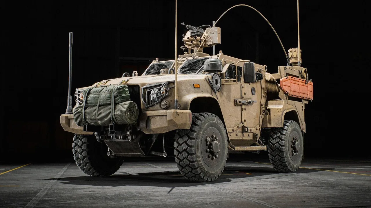 Desert-colored armored vehicle with mounted weapon system, antennas, and reinforced body panels