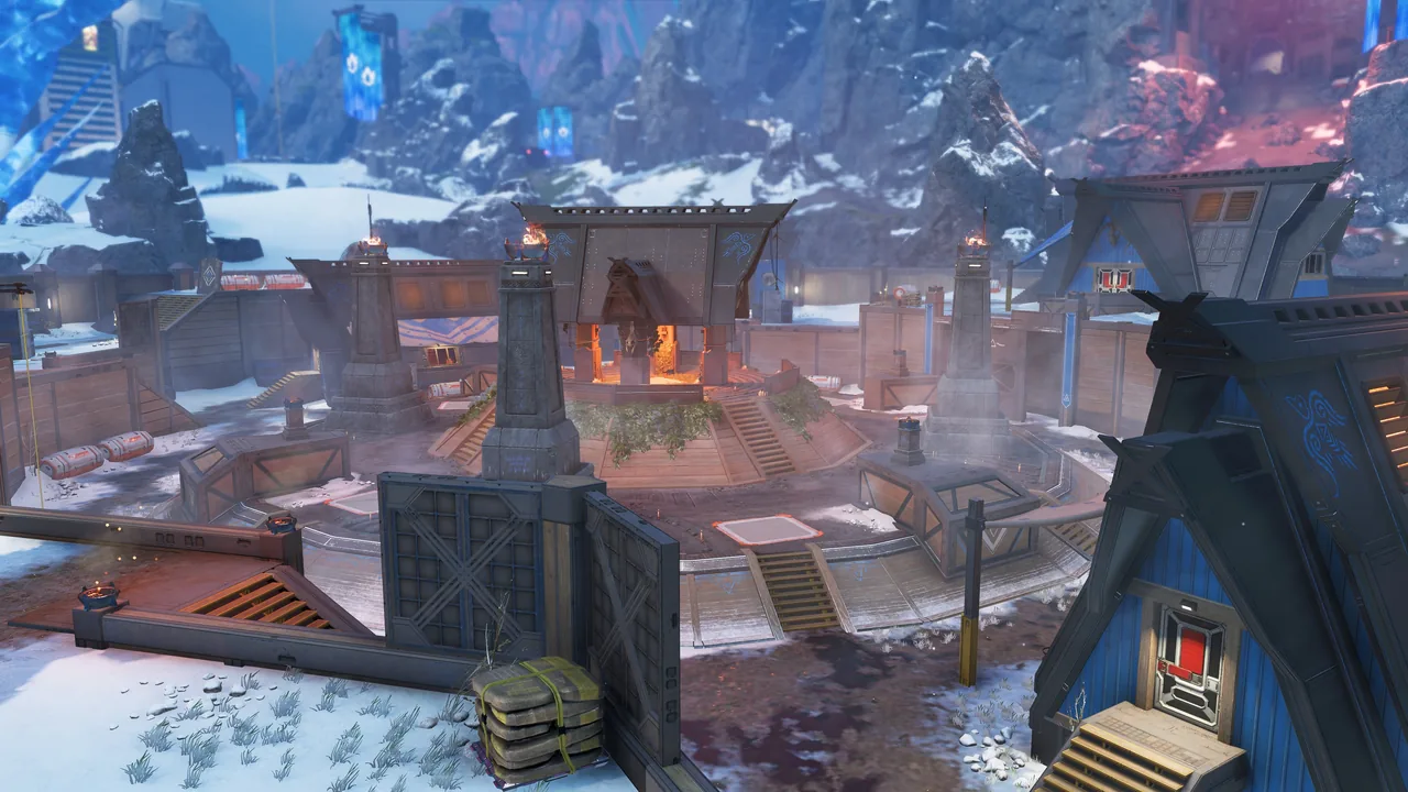 In-game screenshot of the new POI on World's Edge, War Camp. It features several buildings circling around a central structure that is raised above the ground with a landing between the highest and lowest points.