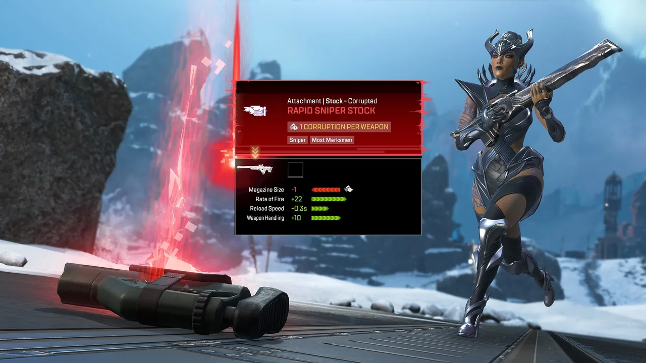 In-game screenshot of a new corrupted sniper stock attachment in Apex Legends. The magazine size has been decreased, but the rate of fire, reload speed, and weapon handling are buffed.