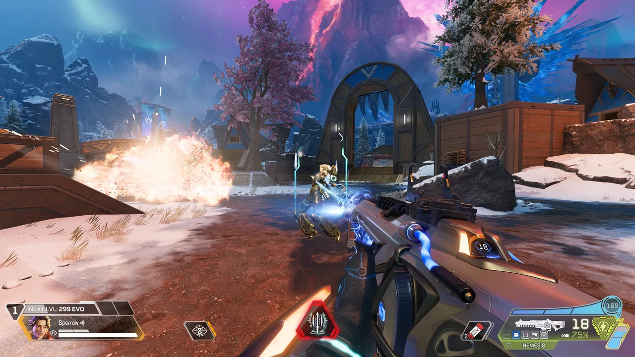 In-game screenshot of Sparrow shooting a Nemesis at a Conduit. It's been overhauled so it now has a percentage instead of ammo.