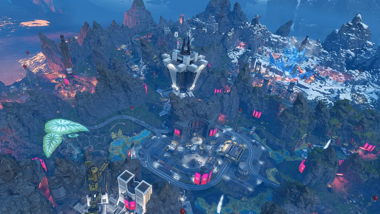 In-game screenshot of updated World's Edge. There's an aurora borealis glowing in the night sky, plus 3 new POIs, and old favorites like Sorting Factory and Stacks.