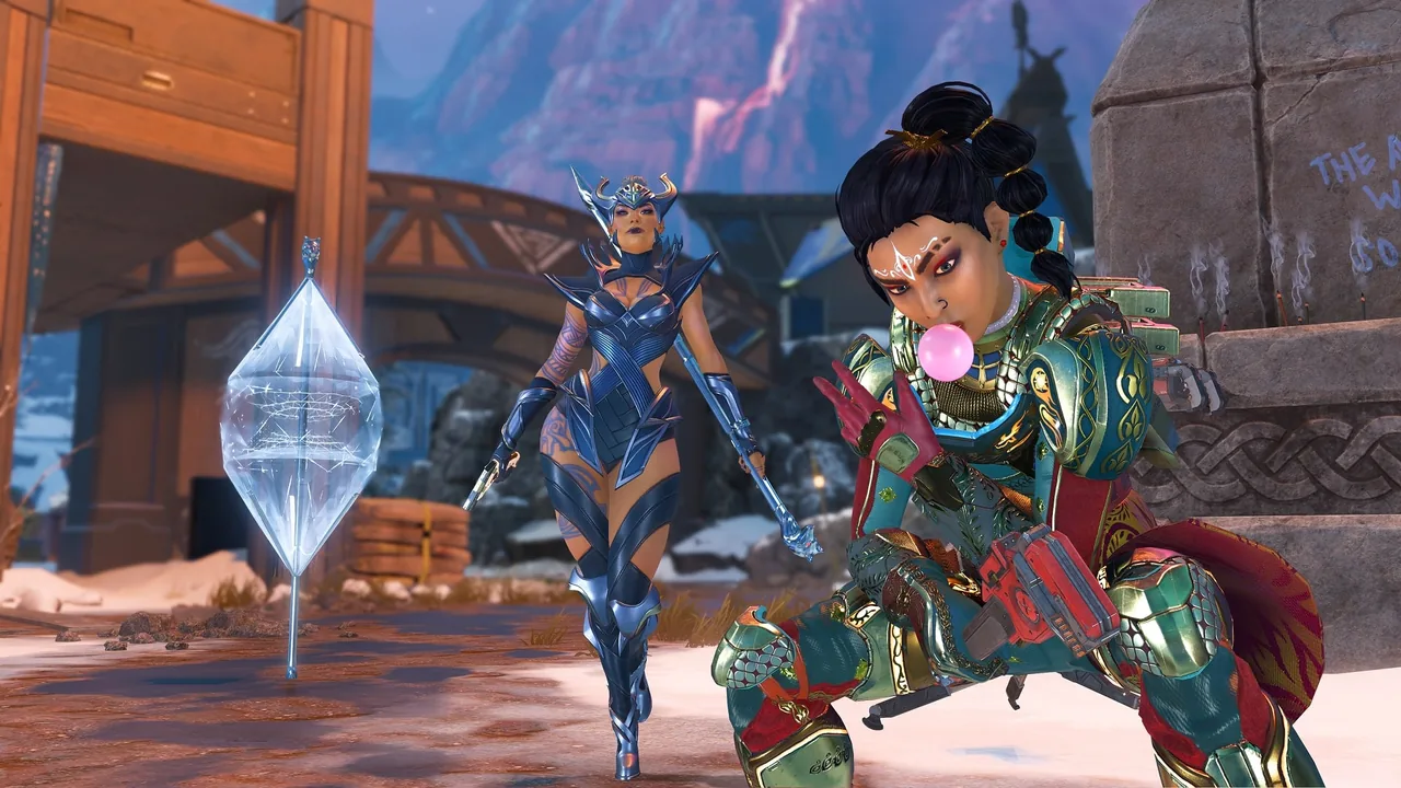 In-game screenshot of Loba and Rampart. Rampart is crouching above the ground, blowing some bubblegum. Loba is standing behind her, with her Black Market beside her.